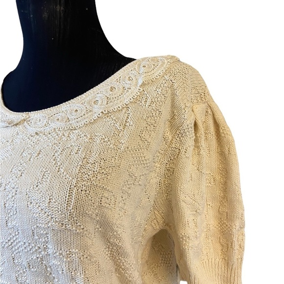 Vintage Petite Ways Off White Cream Short Sleeve Collared Sweater - Picture 9 of 16